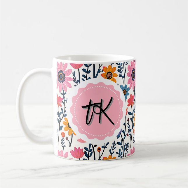 Hübsche Whimsikfarbige Blume Mit Monogramm Kaffeetasse (Links)