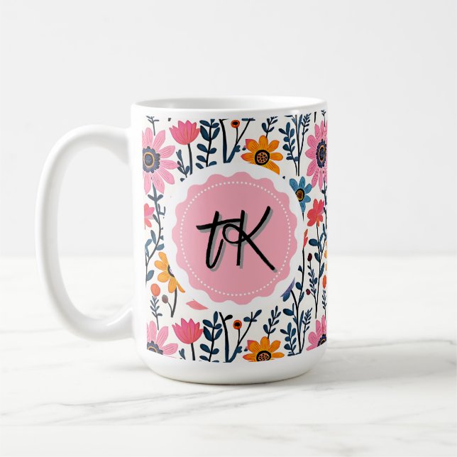 Hübsche Whimsikfarbige Blume Mit Monogramm Kaffeetasse (Links)