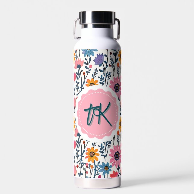 Hübsche Whimsikfarbige Blume Mit Monogramm Trinkflasche (Vorne)