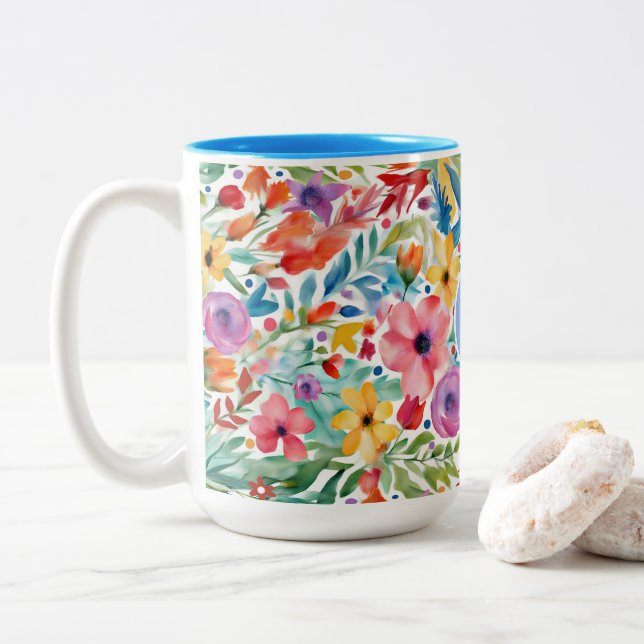 Hübsche Wildblume Blumenmuster mit Monogramm Zweifarbige Tasse (Mit Donut)