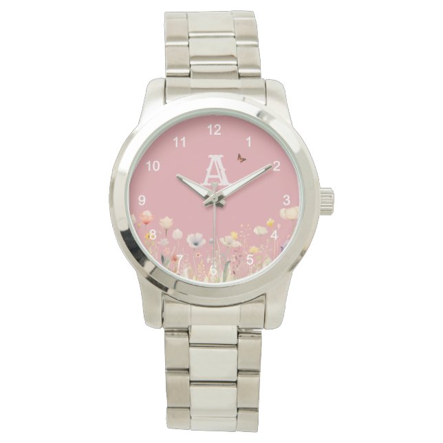 Hübsche Wildblumen für Aquarellfarben und Monogram Armbanduhr (Vorderseite)