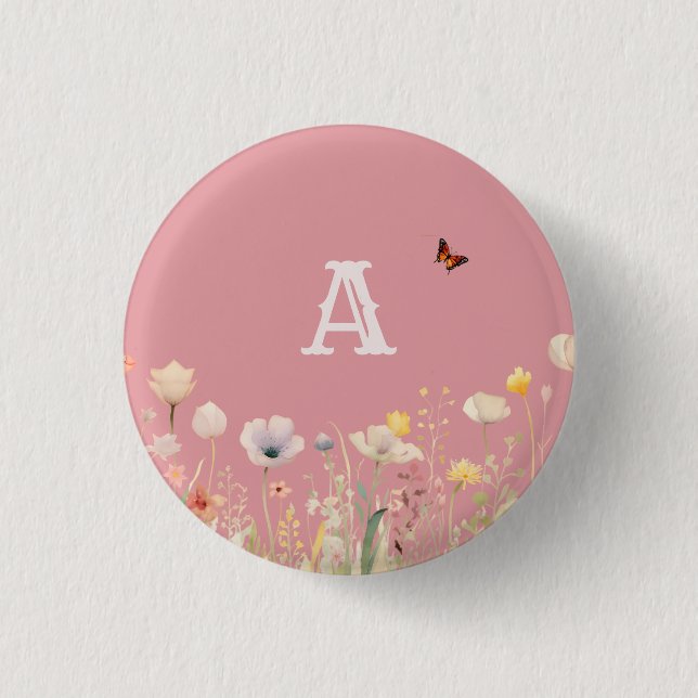 Hübsche Wildblumen für Aquarellfarben und Monogram Button (Vorderseite)