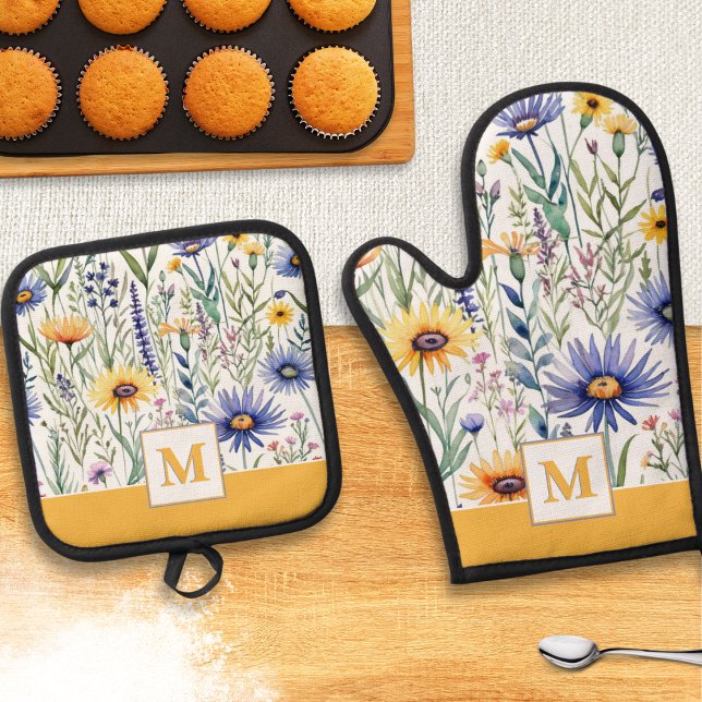Hübsche Wildblumen Rustikales Elegantes Mit Monogr Ofenhandschuh & Topflappen-Set (A pretty monogrammed oven glove and pot holder set, with a wildflowers pattern in a watercolor style)