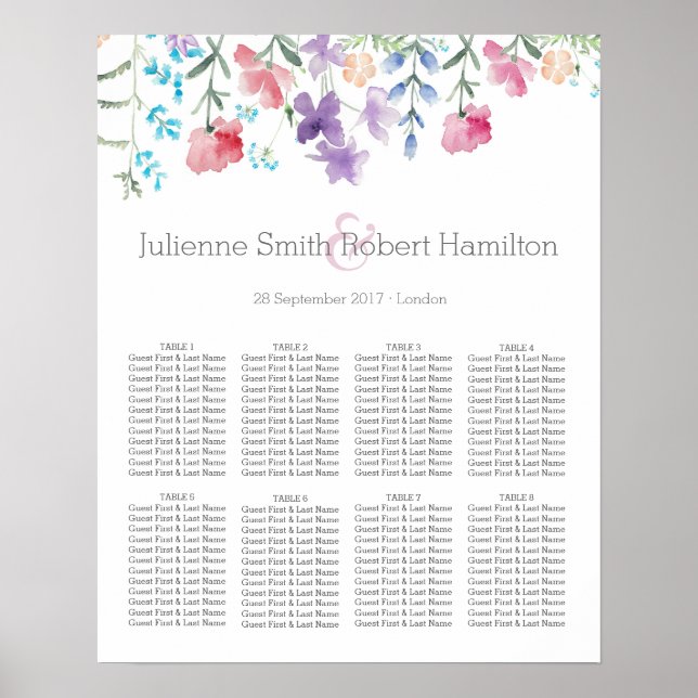 Hübsche Wildblumen Schöne Hochzeitssitzkarte Poster (Vorne)