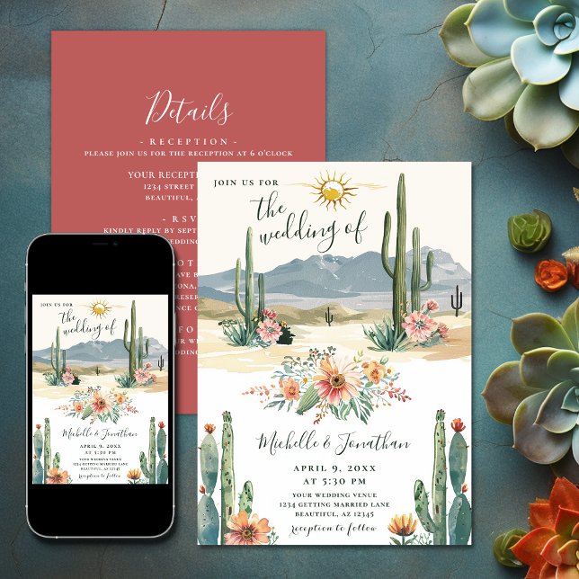 Hübsche Wüstenblütenkaktus auf einer Hochzeit Einladung (Pretty Desert Flowering Cactus All in One Wedding Invitation)