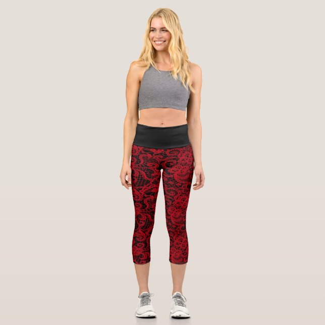 Hübsche, zarte rote Spitze Capri Leggings (Vorderseite)