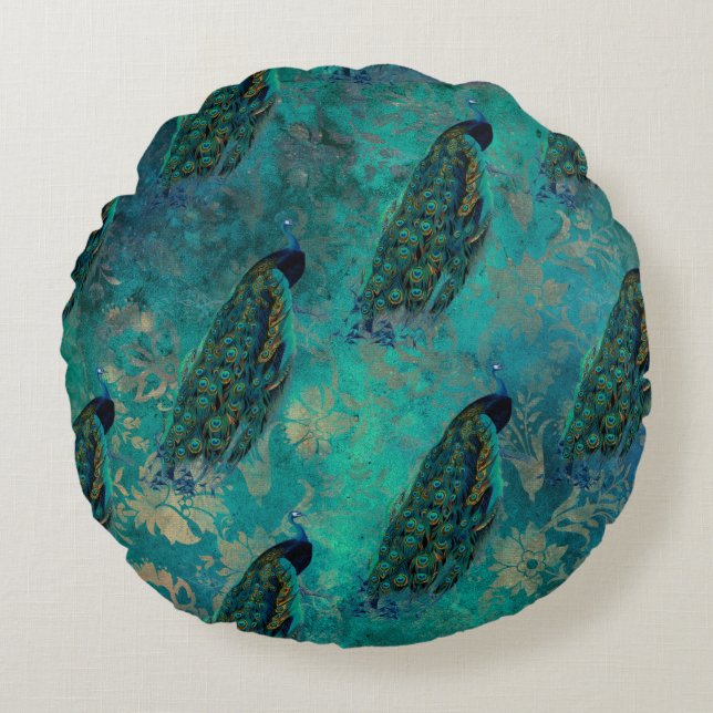 Hübscher Aquamariner Pfau Rundes Kissen (Vorderseite)