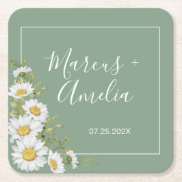 Hübscher Basil Green & White Daisies Wedding Squar Rechteckiger Pappuntersetzer