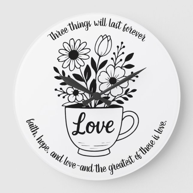 Hübscher Black Tee Cup mit Blume Design Große Wanduhr (Vorderseite)