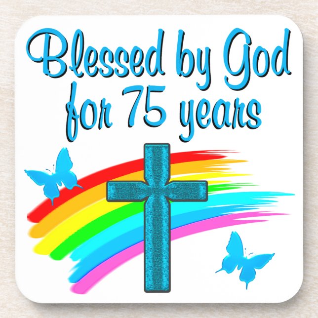 HÜBSCHER BLAU 75. GEBURTSTAG CHRISTLICHER DESIGN UNTERSETZER (Vorderseite)