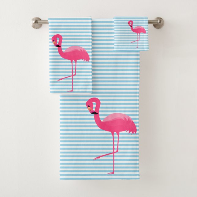 HÜBSCHER BLAUE STRIPE FLAMINGO BADEZIMMER TOWEL SE BADHANDTUCH SET (Insitu)