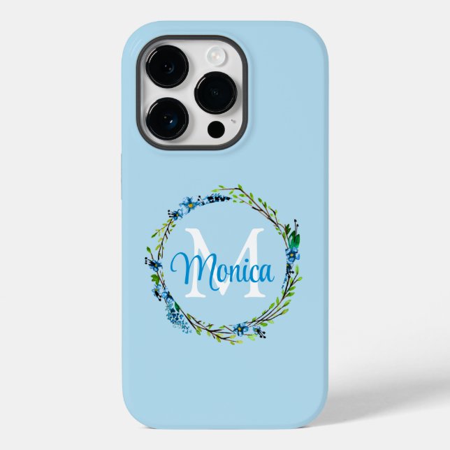 Hübscher blauer Blumenkranz mit Monogramm Case-Mate iPhone Hülle (Rückseite)