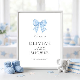 Hübscher blauer Gingham-Schleifen-Baby-Shower Poster