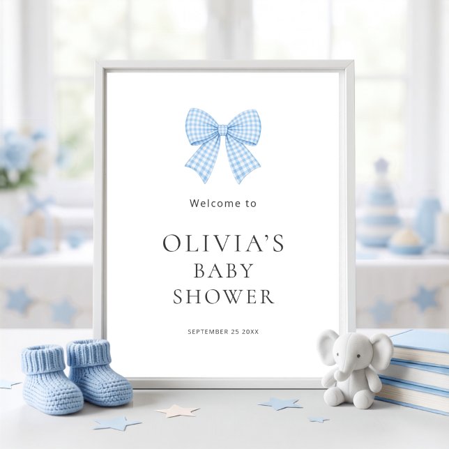 Hübscher blauer Gingham-Schleifen-Baby-Shower  Poster (Von Creator hochgeladen)