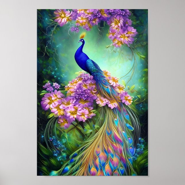 Hübscher blauer Pfau und lila Blüte Poster (Vorne)
