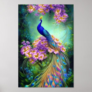 Hübscher blauer Pfau und lila floral Poster