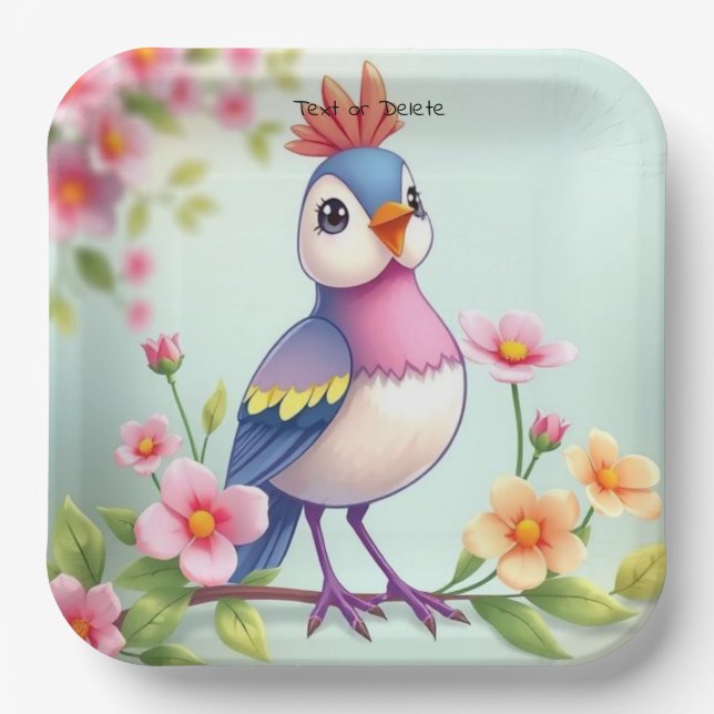 Hübscher blauer rosa Vogel Blumen Papier Teller (Vorderseite)