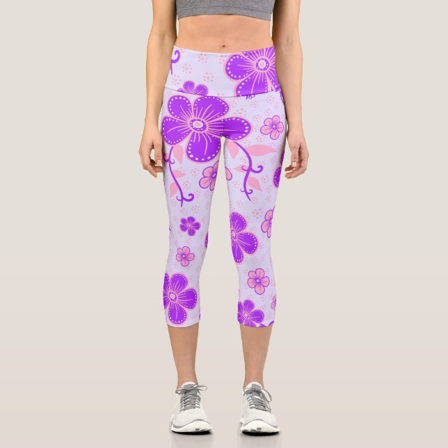 Hübscher Blumendruck Lila und rosa am Lavendel Capri Leggings (Vorderseite)