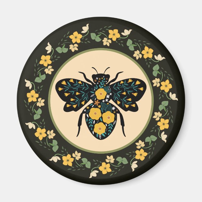 Hübscher Blumenrahmen geblümte Biene  Magnet (Vorne)
