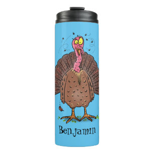 Hübscher, brauner Zuchttruthahn mit Fliegen Cartoo Thermosbecher