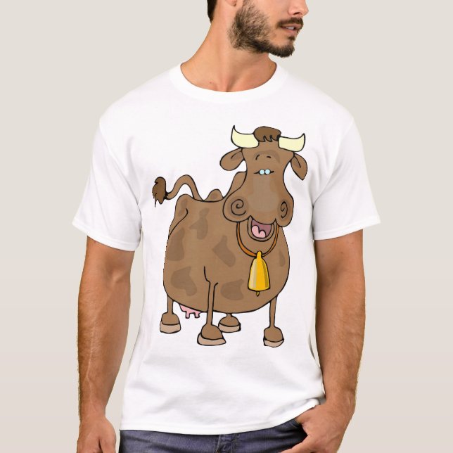 Hübscher Cartoon Braune Kuh mit Glockenfarm T-Shirt (Vorderseite)