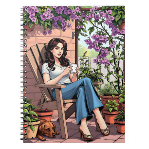Hübscher Dame Drinking Coffee Relaxen im Freien Notizblock
