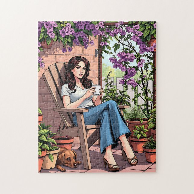 Hübscher Dame Drinking Coffee Relaxen im Freien Puzzle (Vertikal)