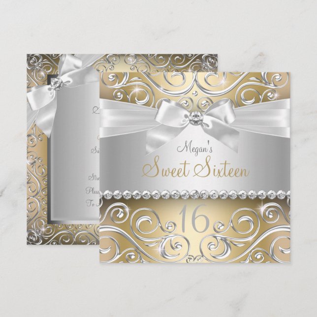 Hübscher Diamantbogen und Sparkle Swirl Gold Sweet Einladung (Vorne/Hinten)