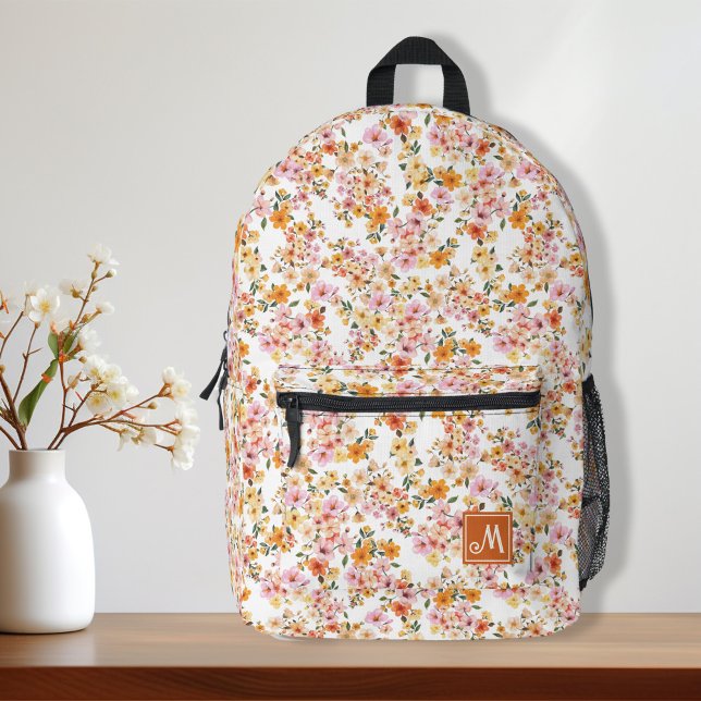 Hübscher Ditsy Blumenmuster Gelb Orange Custom Bedruckter Rucksack (Pretty ditsy floral yellow orange name custom backpack for girl, cute backpack, back to school)