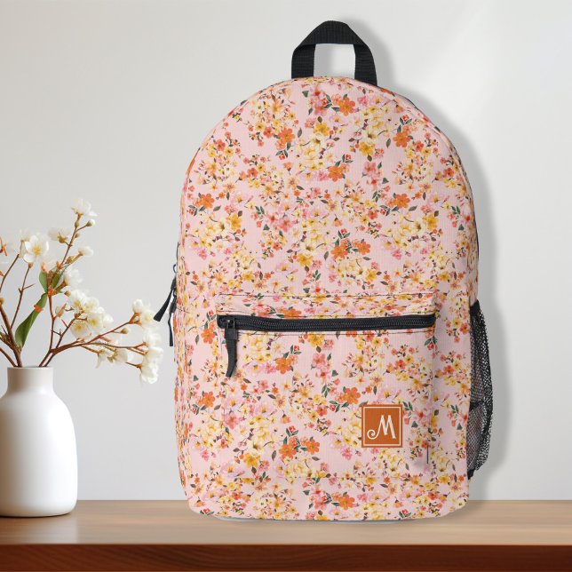 Hübscher Ditsy Blumenmuster Gelb Orange Custom Bedruckter Rucksack (Pretty ditsy tiny floral pattern yellow orange monogram backpack, back to school, school essentials
)