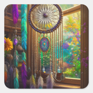 Hübscher Dreamcatcher in Window Lila Boho Quadratischer Aufkleber