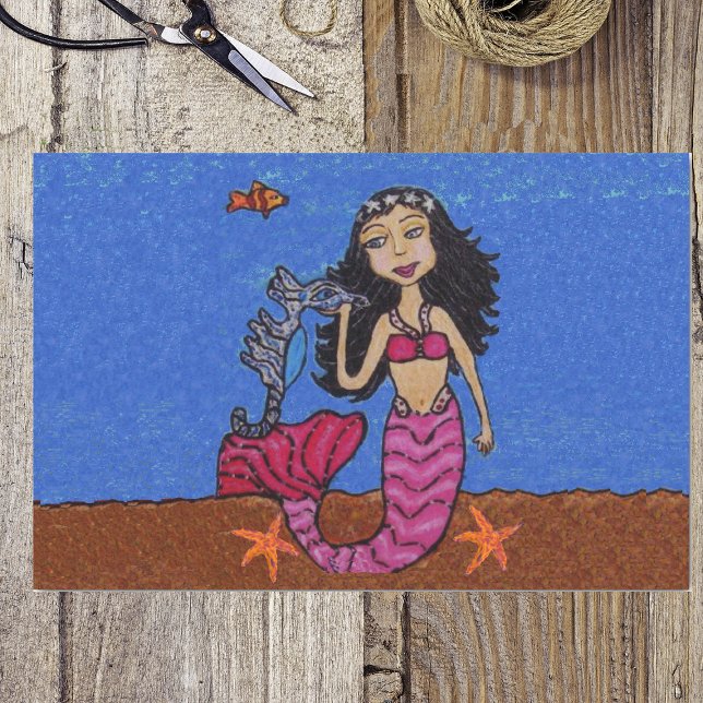 Hübscher dunkler Haar Meerjungfisch Seepferd Seidenpapier (Mermaid pink tail with seahorse and starfish under ocean on wrapping tissue paper.)