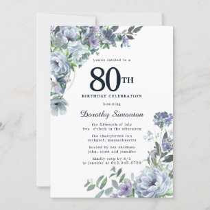 Hübscher Dusty Blue Floral 80. Geburtstag Einladung