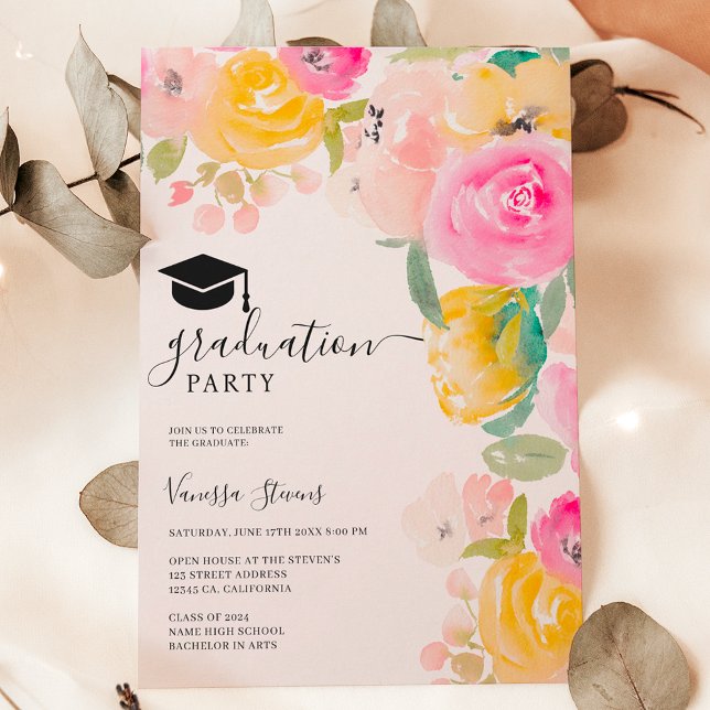 Hübscher eleganter Garten Blumengarten Abschluss Einladung (Pretty chic garden floral watercolor graduation invitation)