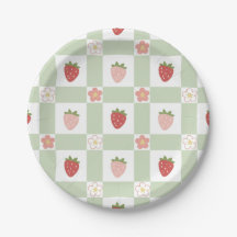 Hübscher Erdbeer-Gingham-Papierteller in Pastellgr
