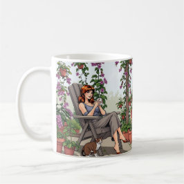 Hübscher Frauenkaffee, Ihr Hund und Pflanze Kaffeetasse