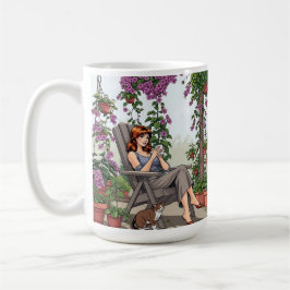 Hübscher Frauenkaffee, Ihr Hund und Pflanze Kaffeetasse