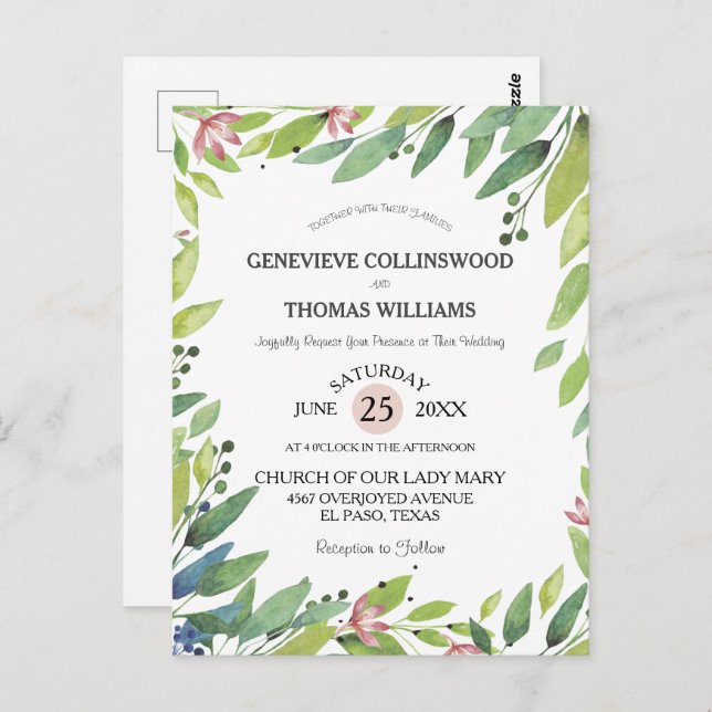 Hübscher Frühling Botanischer Rosa Hochzeit einlad Postkarte (Vorne/Hinten)