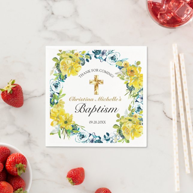 Hübscher Gelbblütengold-Cross-Taufen Empfang Serviette (Beispiel)