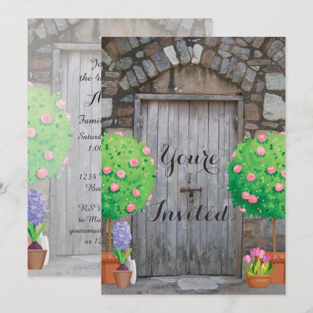 Hübscher gepflasterter Garten Alte Holztüren Wiede Einladung (Vorne/Hinten)