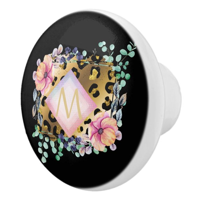 Hübscher Girl Leopard Print Gold Pink Mit Monogram Keramikknauf (Rechts)