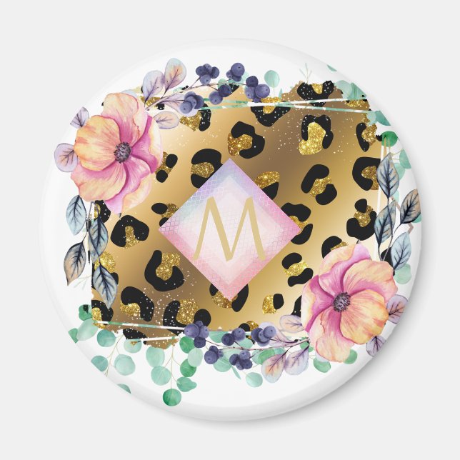 Hübscher Girl Leopard Print Gold Pink Mit Monogram Magnet (Vorne)