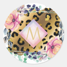 Hübscher Girl Leopard Print Gold Pink Mit Monogram Runder Aufkleber
