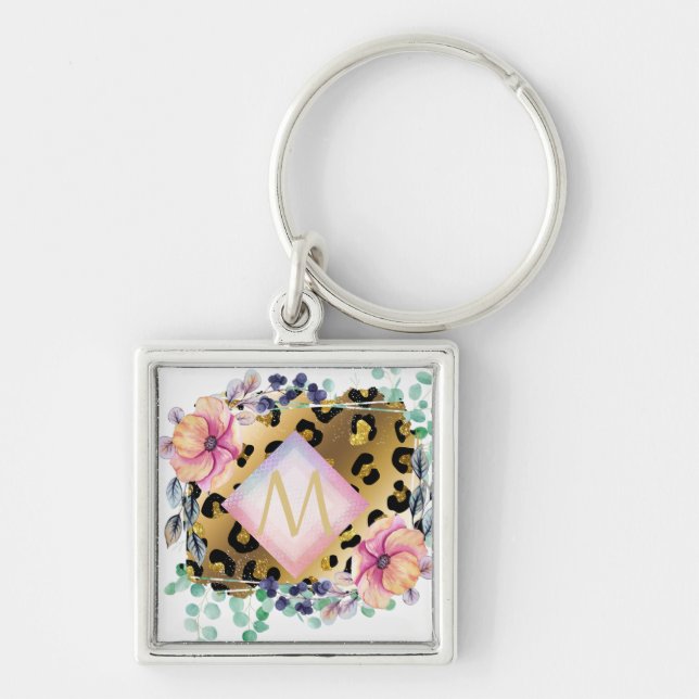 Hübscher Girl Leopard Print Gold Pink Mit Monogram Schlüsselanhänger (Vorne)