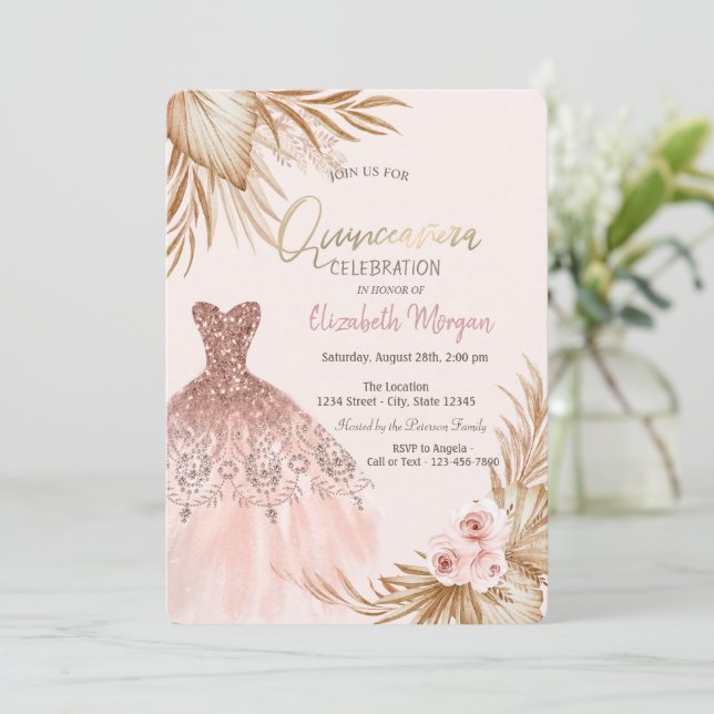 Hübscher Glitzer Dress Boho Blume Quinceañera Einladung (Stehend Vorderseite)