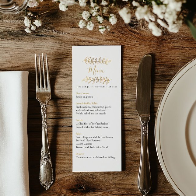 Hübscher Goldeffekt Blätter Hochzeitsmenü Menükarte (Wedding reception dinner menu with black and gold text and delicate gold leaves framing the top.)