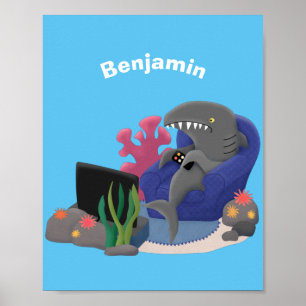Hübscher Hai beim Fernsehen Cartoon Poster