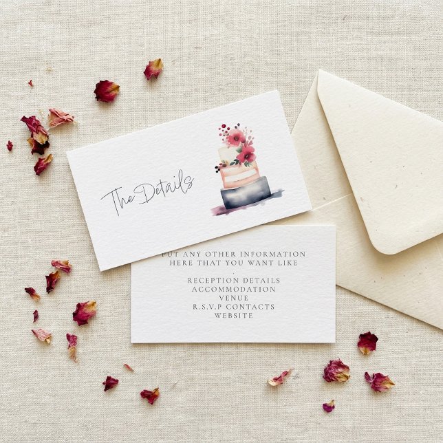 Hübscher Hochzeitskuchen Begleitkarte (Pretty watercolor wedding cake the details enclosure card.)