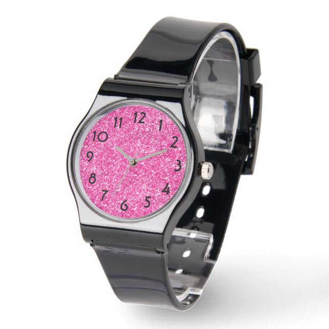 Hübscher Hot Pink Luxus Glitzer Armbanduhr (Winkel)