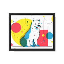 Hübscher Hund sitzt in einem farbenfrohen Kunstber
